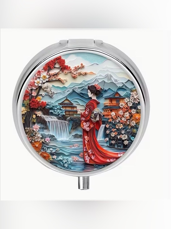 Accessories - Japanese Geisha Round Pill Organizer 3-Compartment Compact Pill Case New